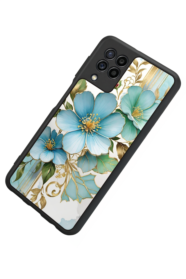 Samsung Galaxy M22 Uyumlu Yaldizli Cicek Tasarımlı Glossy Premium Kılıf