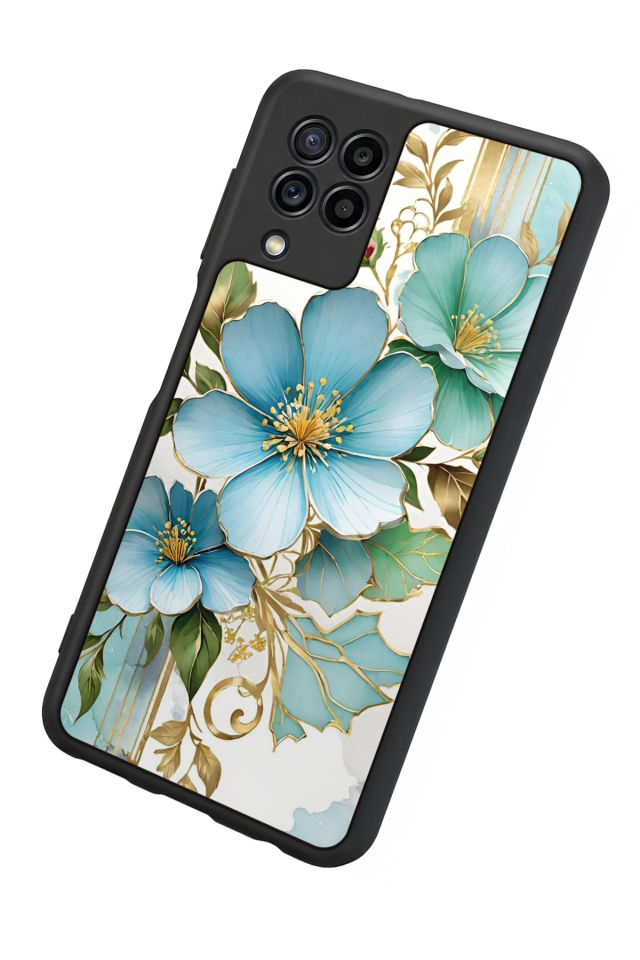 Samsung Galaxy M22 Uyumlu Yaldizli Cicek Tasarımlı Glossy Premium Kılıf
