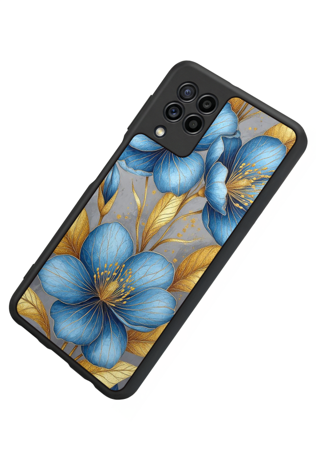 Samsung Galaxy M22 Uyumlu Yaldizli Cicek Tasarımlı Glossy Premium Kılıf