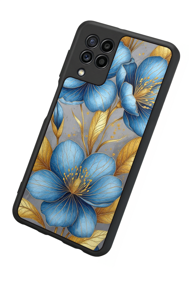 Samsung Galaxy M22 Uyumlu Yaldizli Cicek Tasarımlı Glossy Premium Kılıf