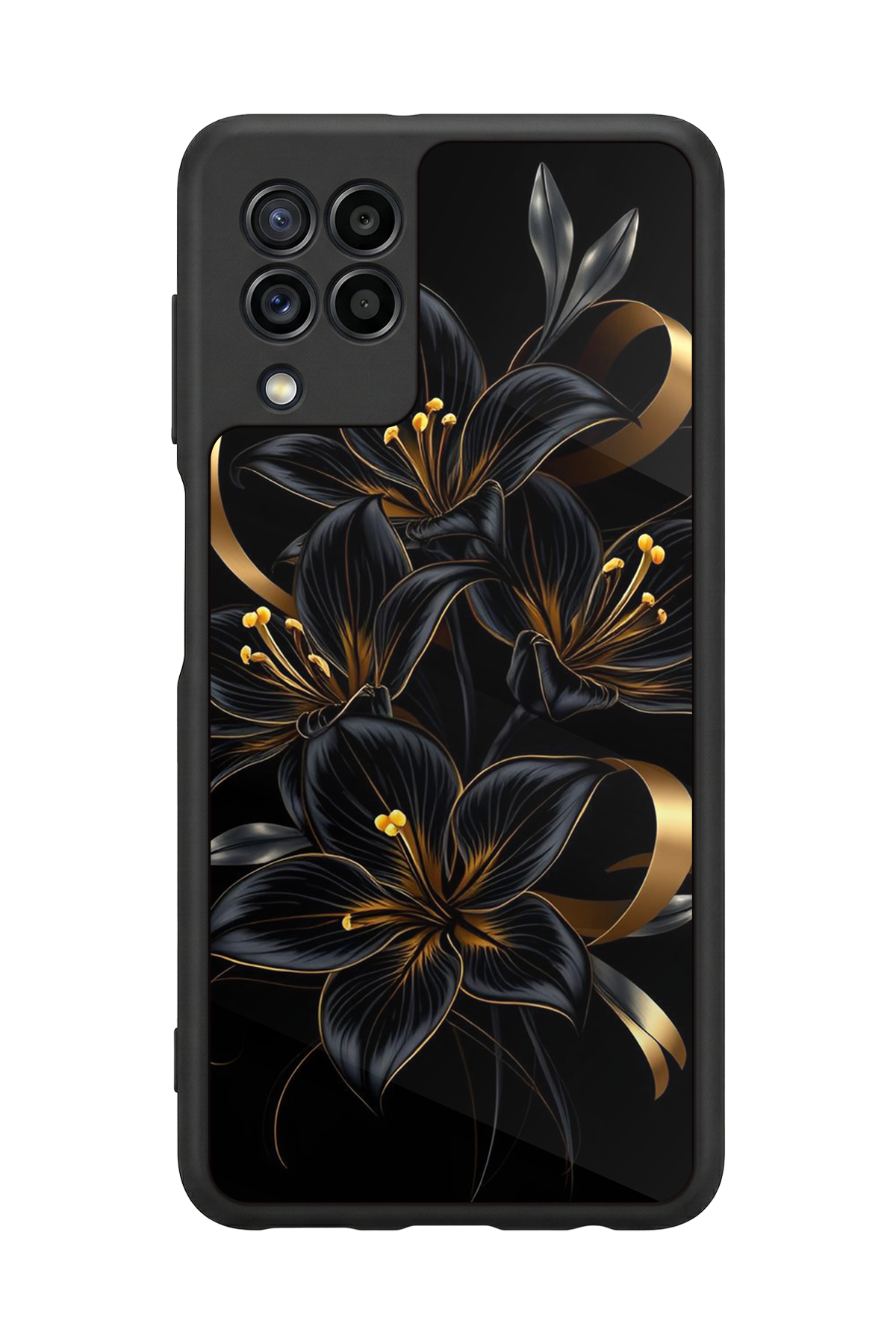 Samsung Galaxy M22 Uyumlu Yaldizli Cicek Tasarımlı Glossy Premium Kılıf