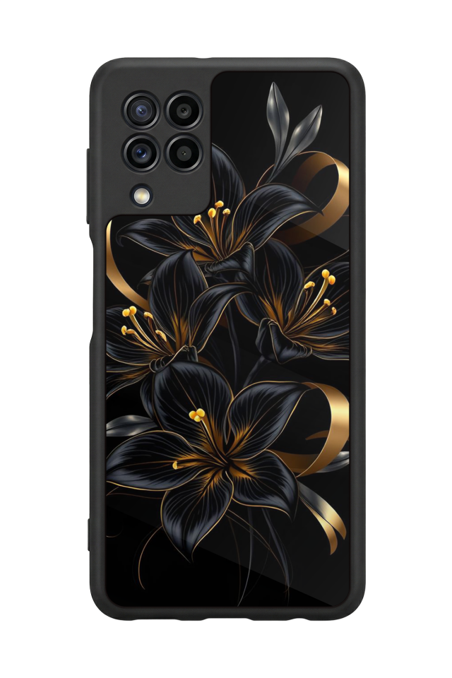 Samsung Galaxy M22 Uyumlu Yaldizli Cicek Tasarımlı Glossy Premium Kılıf
