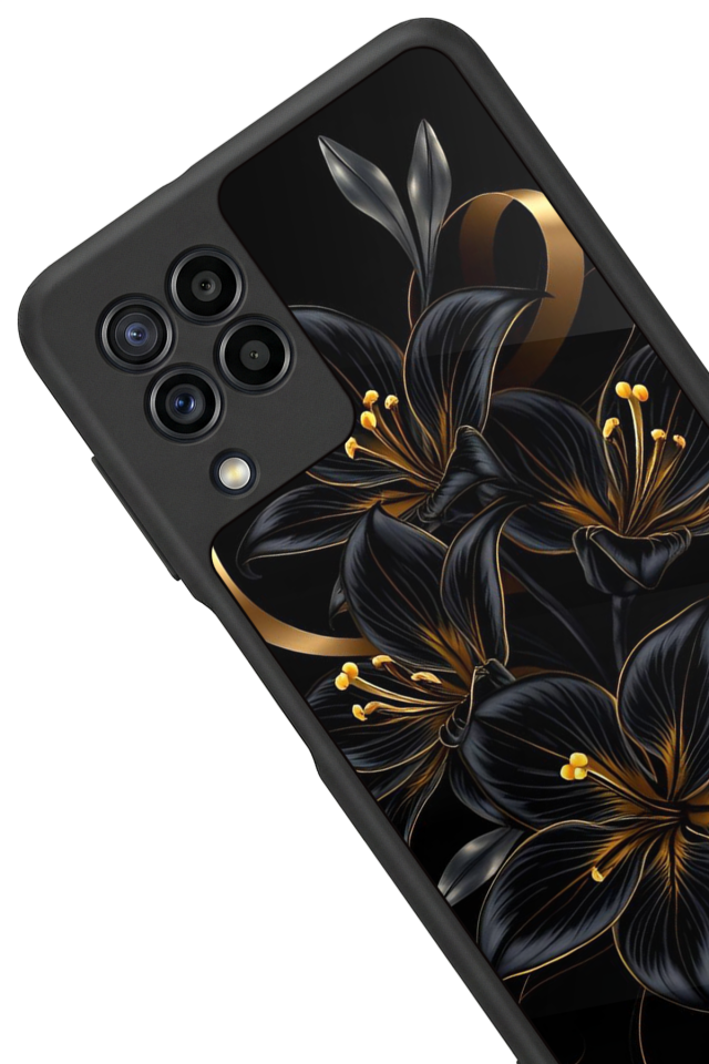 Samsung Galaxy M22 Uyumlu Yaldizli Cicek Tasarımlı Glossy Premium Kılıf