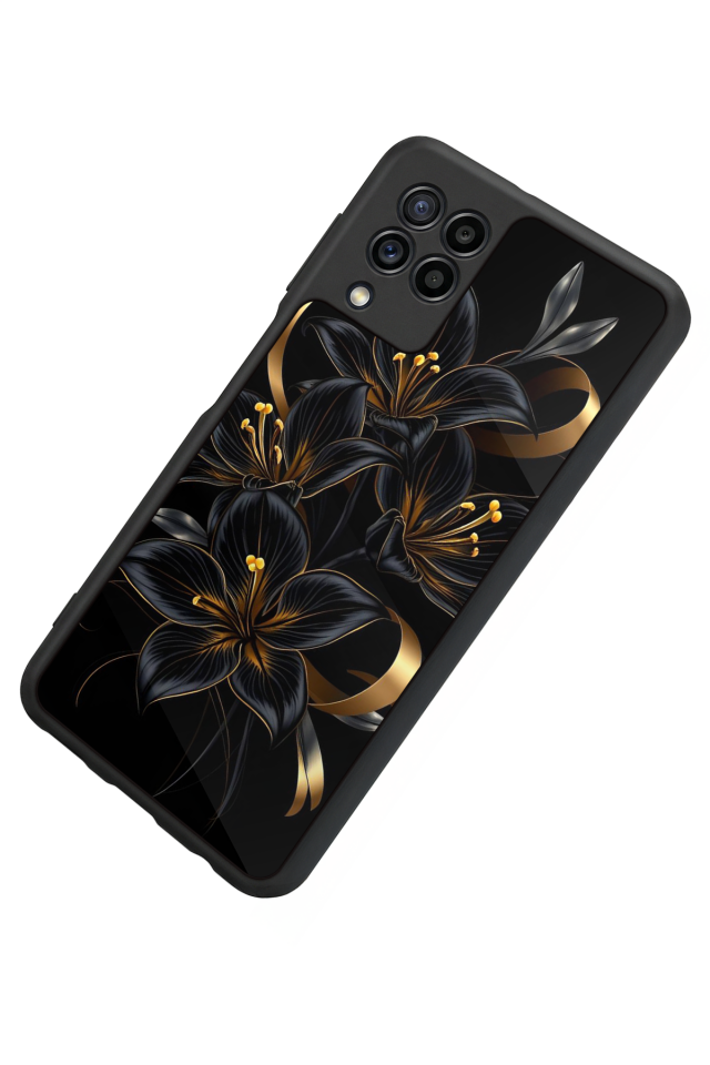 Samsung Galaxy M22 Uyumlu Yaldizli Cicek Tasarımlı Glossy Premium Kılıf