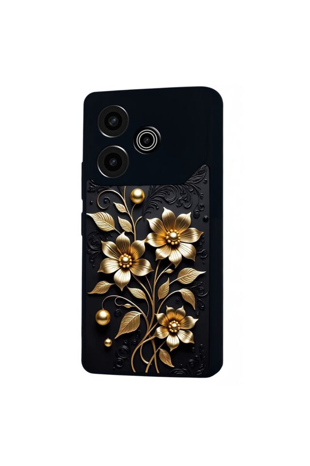 Tecno Pova 6 Uyumlu Yaldizli Cicek Tasarımlı Glossy Premium Kılıf