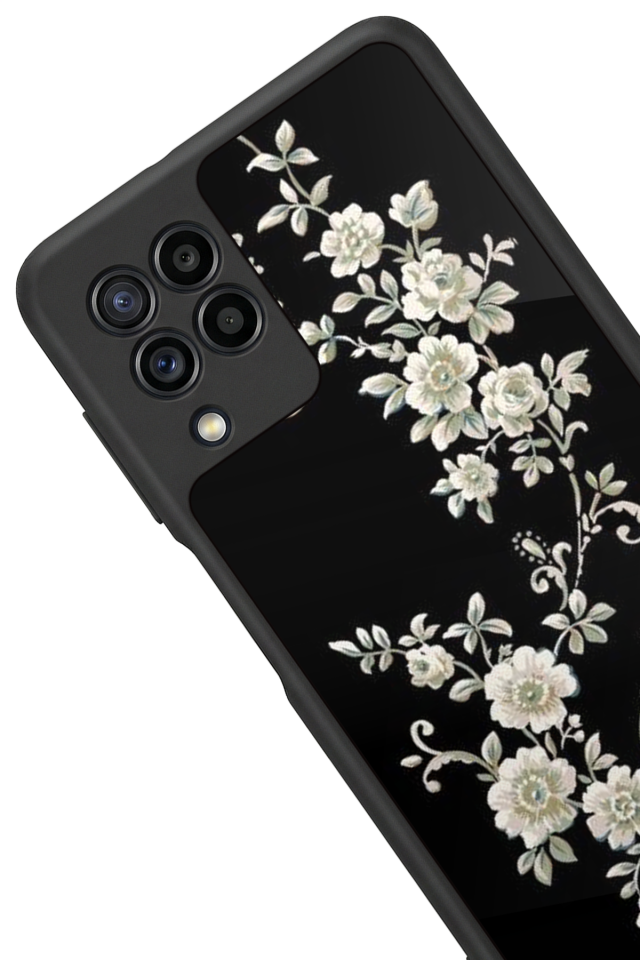 Samsung Galaxy M22 Uyumlu Yaldizli Cicek Tasarımlı Glossy Premium Kılıf