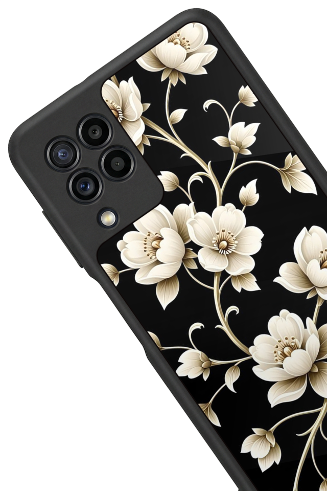 Samsung Galaxy M22 Uyumlu Yaldizli Cicek Tasarımlı Glossy Premium Kılıf