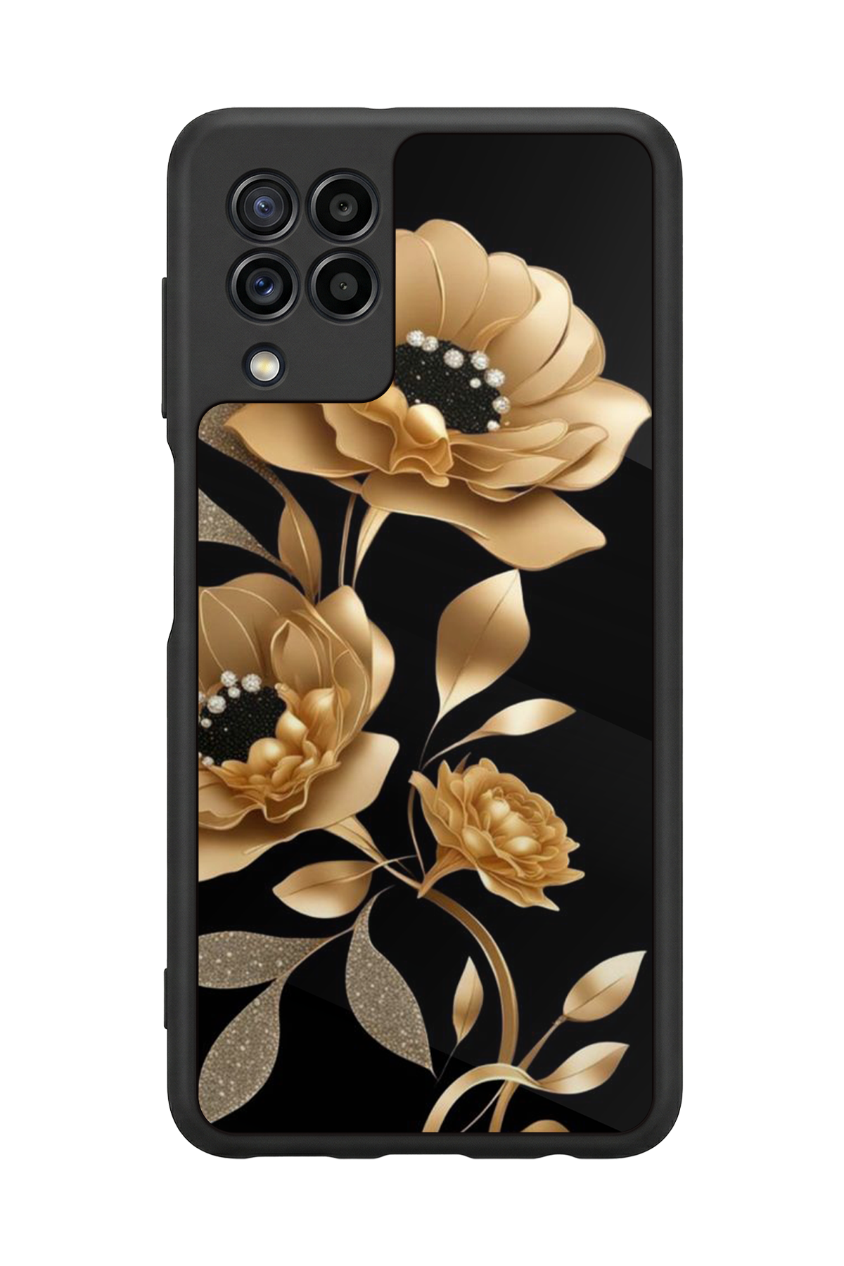 Samsung Galaxy M22 Uyumlu Yaldizli Cicek Tasarımlı Glossy Premium Kılıf