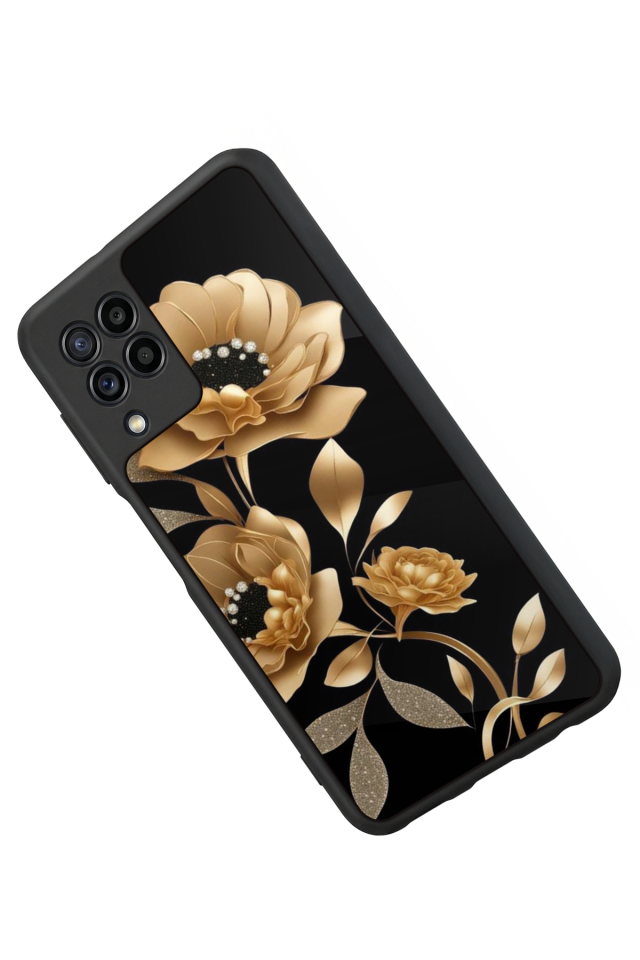Samsung Galaxy M22 Uyumlu Yaldizli Cicek Tasarımlı Glossy Premium Kılıf