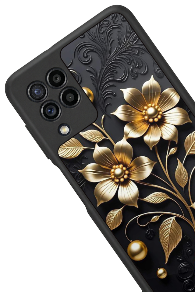 Samsung Galaxy M22 Uyumlu Yaldizli Cicek Tasarımlı Glossy Premium Kılıf