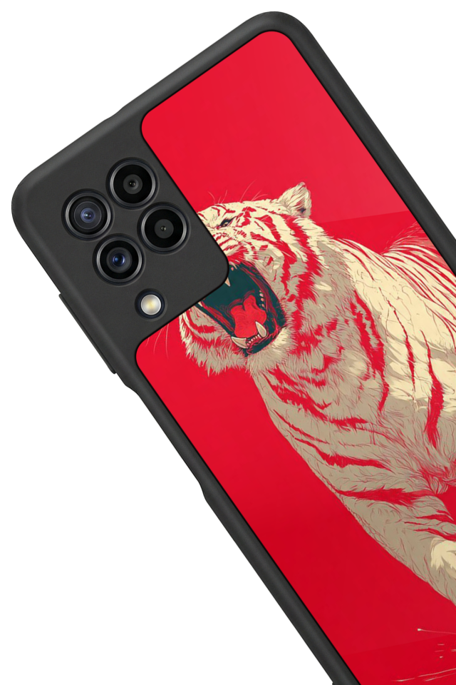 Samsung Galaxy M22 Uyumlu Kirmizi ve Kaplan Tasarımlı Glossy Premium Kılıf