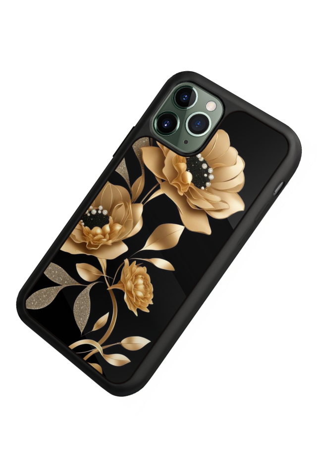 iPhone 11 Pro Uyumlu Yaldizli Cicek Tasarımlı Glossy Premium Kılıf