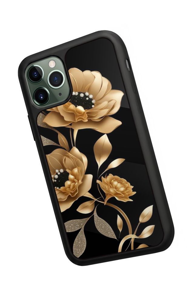 iPhone 11 Pro Uyumlu Yaldizli Cicek Tasarımlı Glossy Premium Kılıf