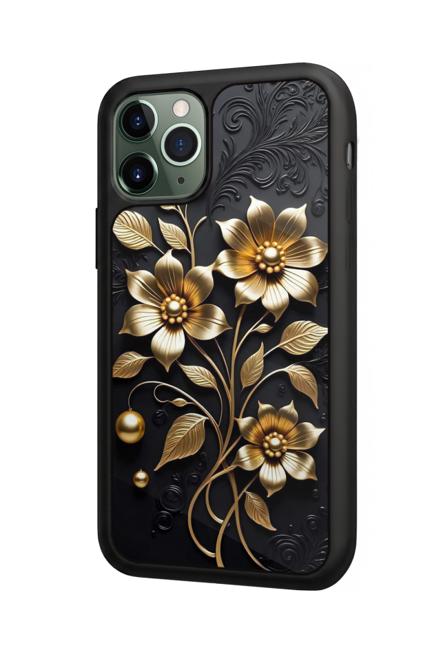 iPhone 11 Pro Uyumlu Yaldizli Cicek Tasarımlı Glossy Premium Kılıf