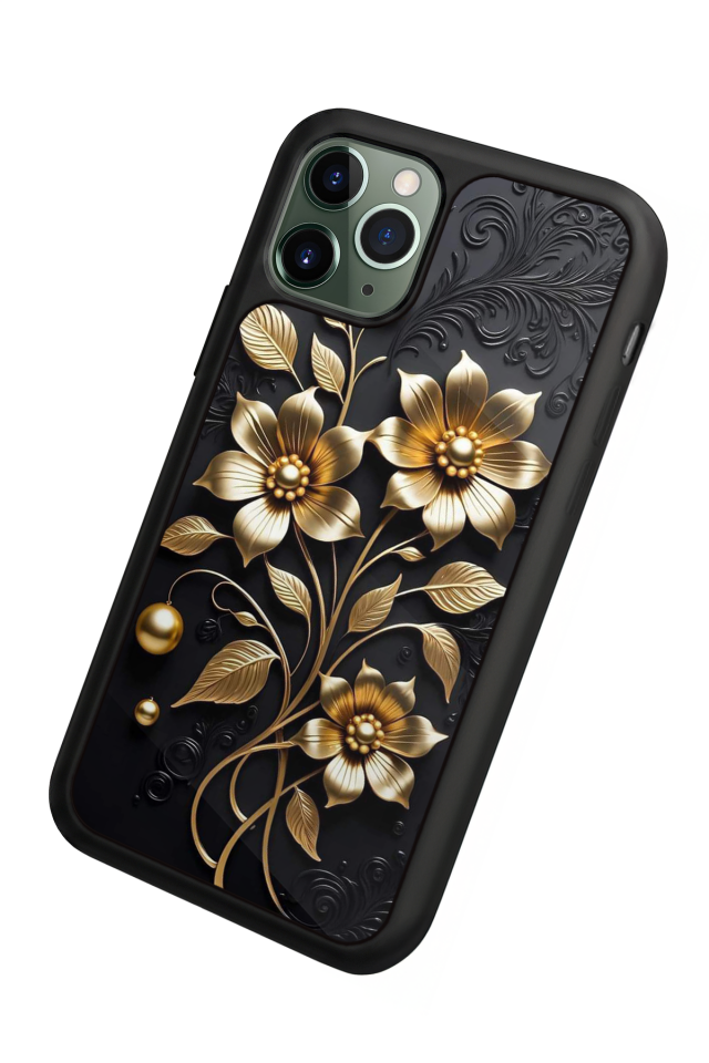 iPhone 11 Pro Uyumlu Yaldizli Cicek Tasarımlı Glossy Premium Kılıf
