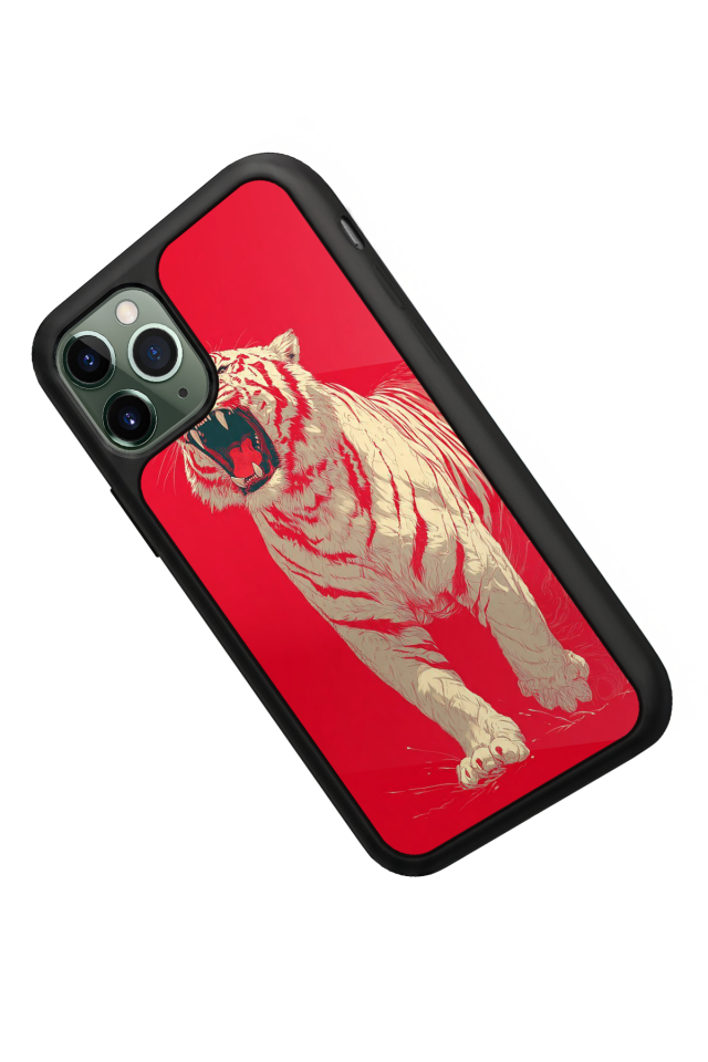 iPhone 11 Pro Uyumlu Kirmizi ve Kaplan Tasarımlı Glossy Premium Kılıf