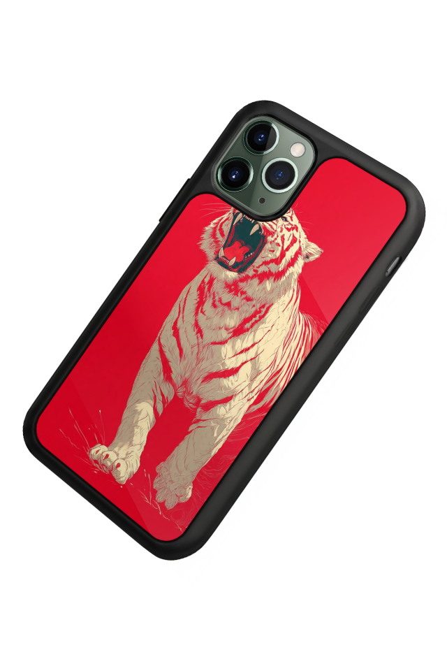 iPhone 11 Pro Uyumlu Kirmizi ve Kaplan Tasarımlı Glossy Premium Kılıf