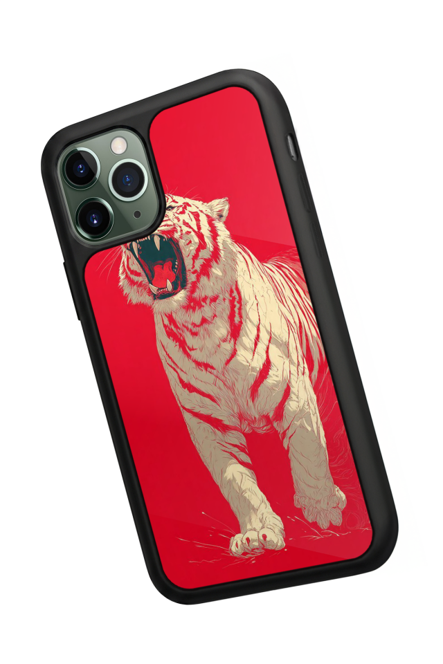 iPhone 11 Pro Uyumlu Kirmizi ve Kaplan Tasarımlı Glossy Premium Kılıf