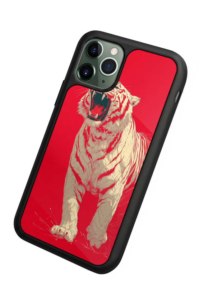 iPhone 11 Pro Uyumlu Kirmizi ve Kaplan Tasarımlı Glossy Premium Kılıf