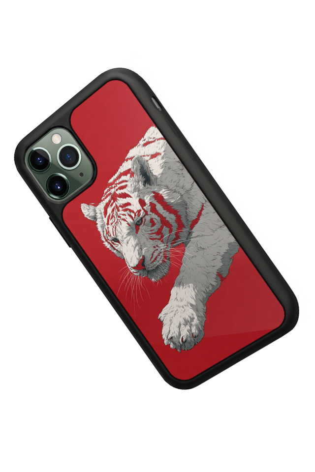 iPhone 11 Pro Uyumlu Kirmizi ve Kaplan Tasarımlı Glossy Premium Kılıf