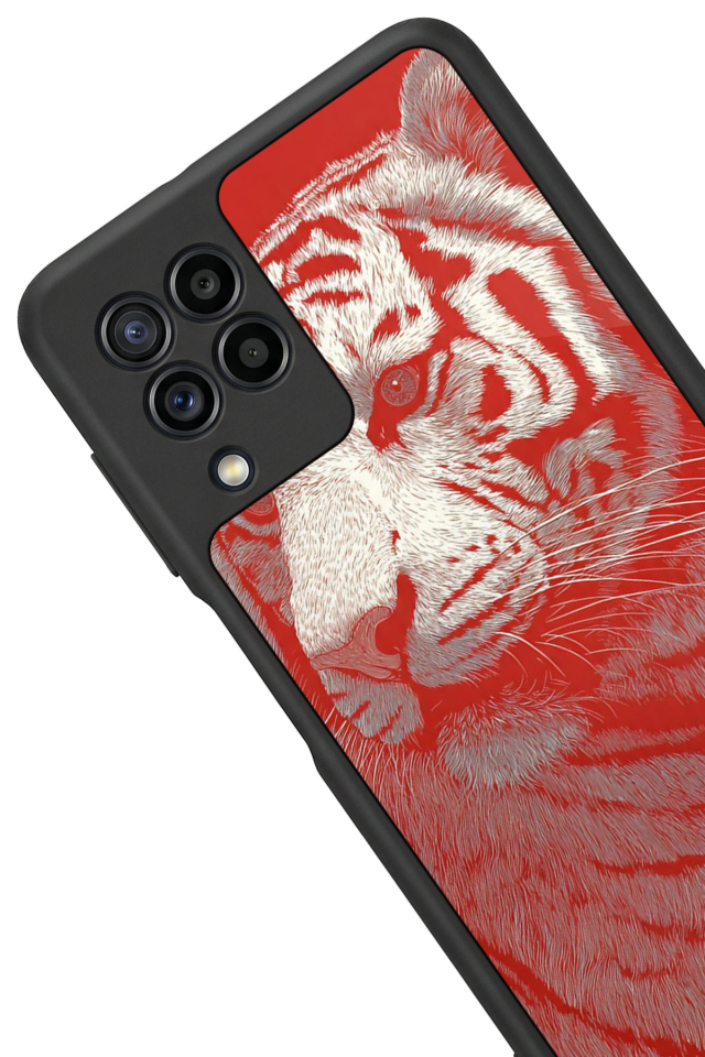 Samsung Galaxy M22 Uyumlu Kirmizi ve Kaplan Tasarımlı Glossy Premium Kılıf