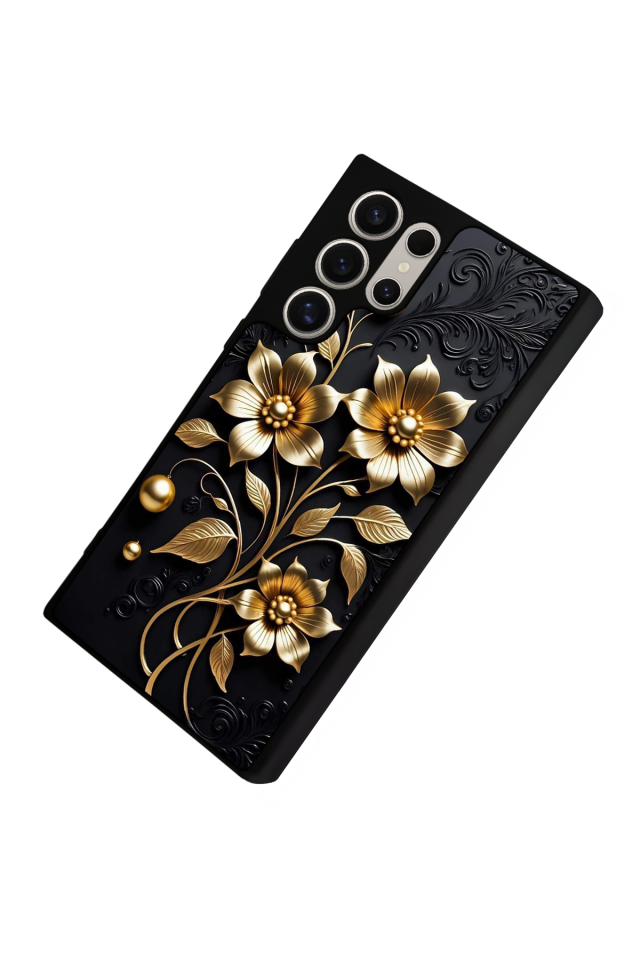 Samsung Galaxy S23 Ultra Uyumlu Yaldizli Cicek Tasarımlı Glossy Premium Kılıf