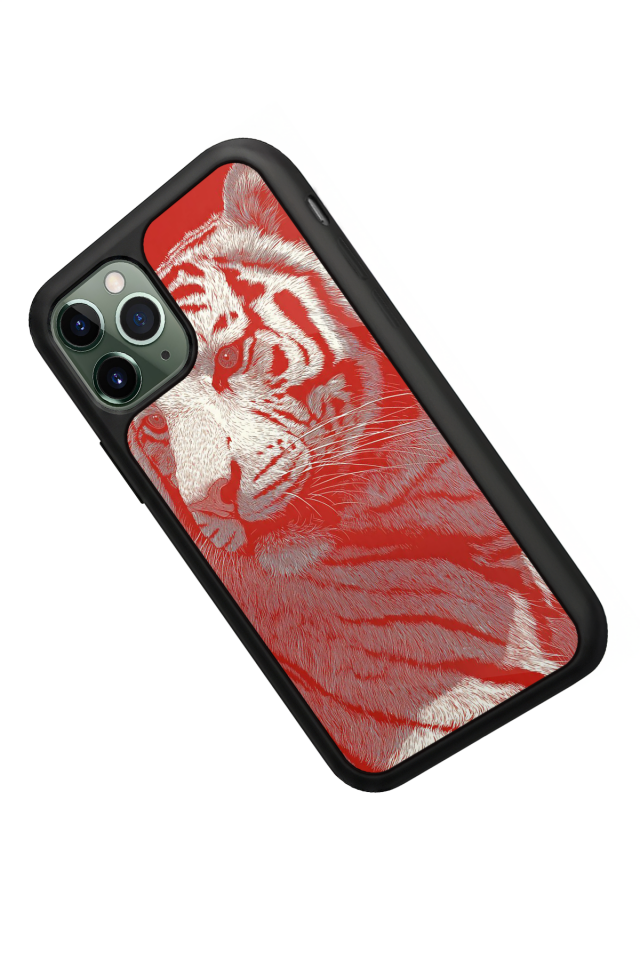 iPhone 11 Pro Uyumlu Kirmizi ve Kaplan Tasarımlı Glossy Premium Kılıf