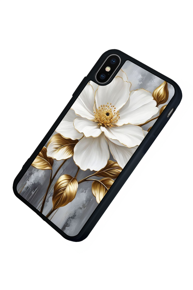 iPhone X/ XS Uyumlu Yaldizli Cicek Tasarımlı Glossy Premium Kılıf