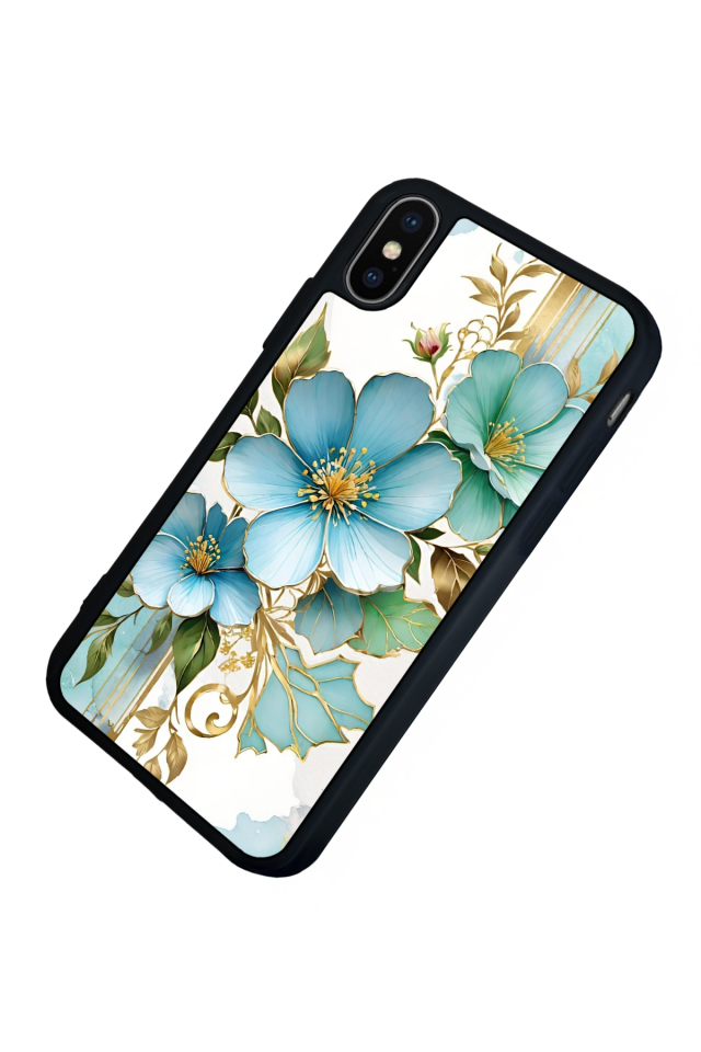 iPhone X/ XS Uyumlu Yaldizli Cicek Tasarımlı Glossy Premium Kılıf