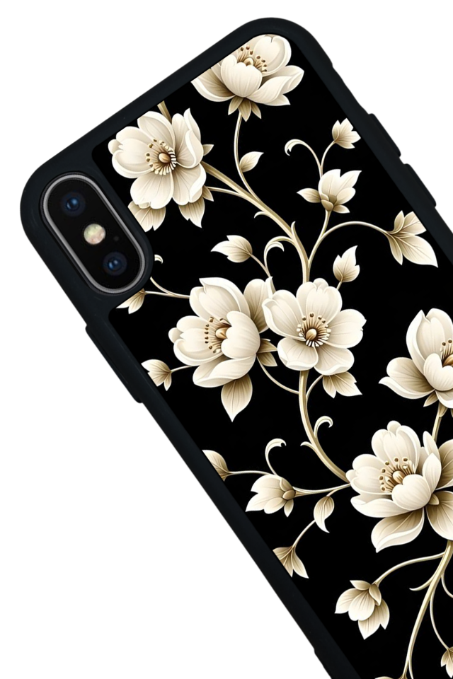 iPhone X/ XS Uyumlu Yaldizli Cicek Tasarımlı Glossy Premium Kılıf