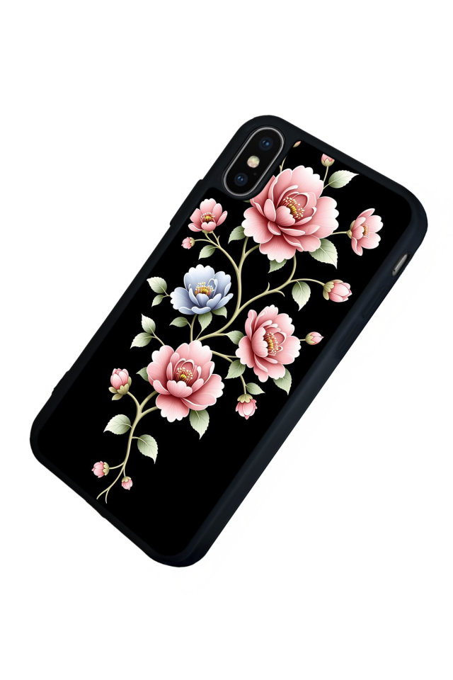 iPhone X/ XS Uyumlu Yaldizli Cicek Tasarımlı Glossy Premium Kılıf
