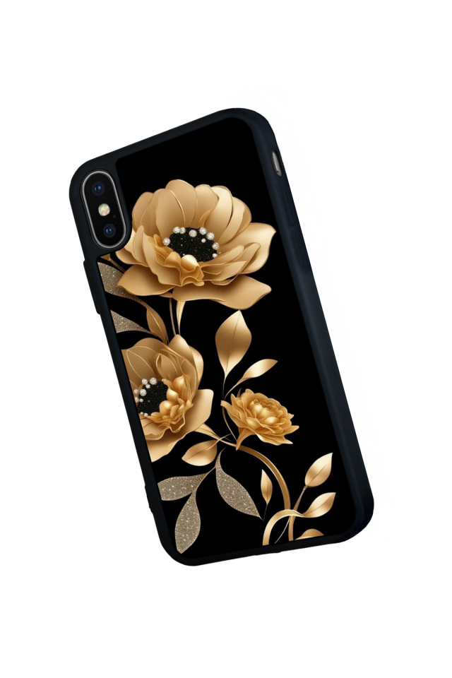 iPhone X/ XS Uyumlu Yaldizli Cicek Tasarımlı Glossy Premium Kılıf