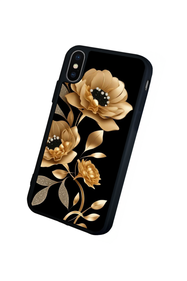 iPhone X/ XS Uyumlu Yaldizli Cicek Tasarımlı Glossy Premium Kılıf