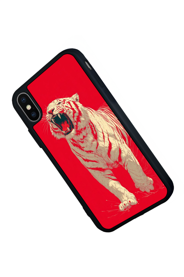 iPhone X/ XS Uyumlu Kirmizi ve Kaplan Tasarımlı Glossy Premium Kılıf