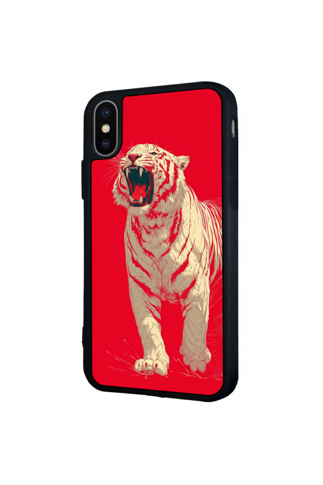 iPhone X/ XS Uyumlu Kirmizi ve Kaplan Tasarımlı Glossy Premium Kılıf