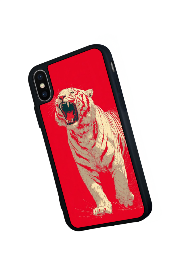 iPhone X/ XS Uyumlu Kirmizi ve Kaplan Tasarımlı Glossy Premium Kılıf