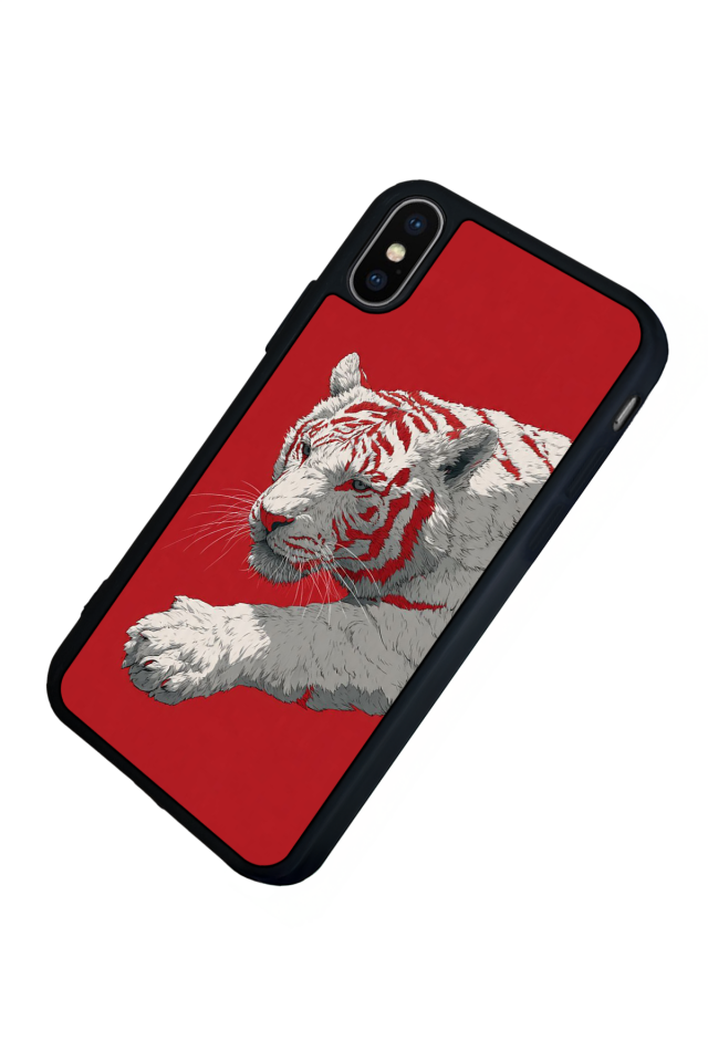 iPhone X/ XS Uyumlu Kirmizi ve Kaplan Tasarımlı Glossy Premium Kılıf