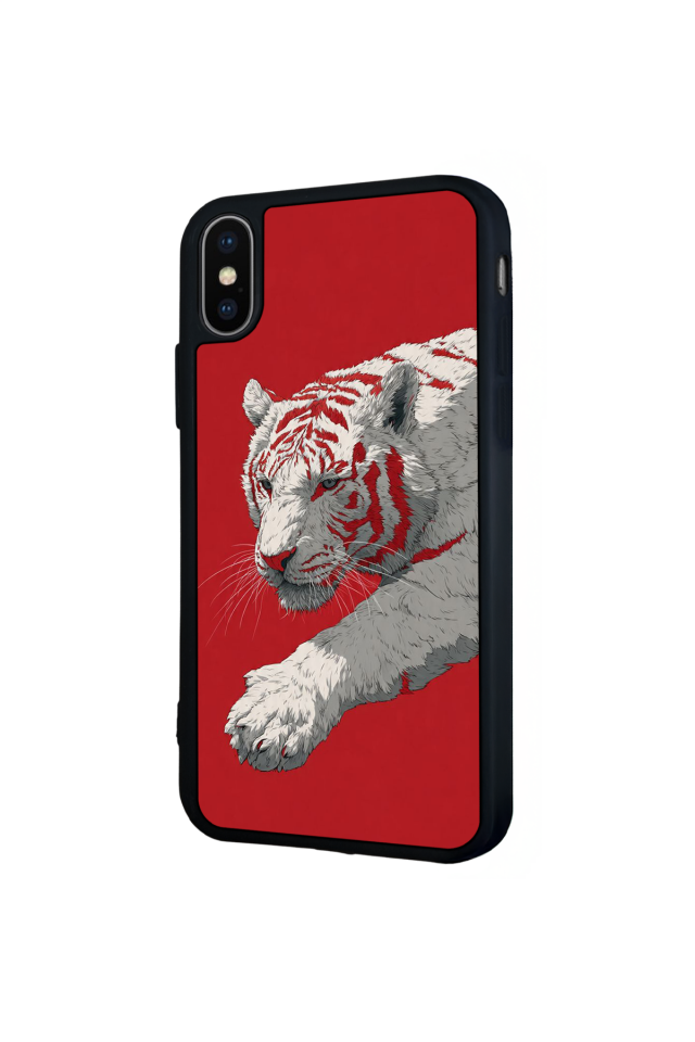iPhone X/ XS Uyumlu Kirmizi ve Kaplan Tasarımlı Glossy Premium Kılıf