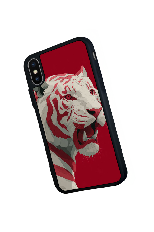 iPhone X/ XS Uyumlu Kirmizi ve Kaplan Tasarımlı Glossy Premium Kılıf