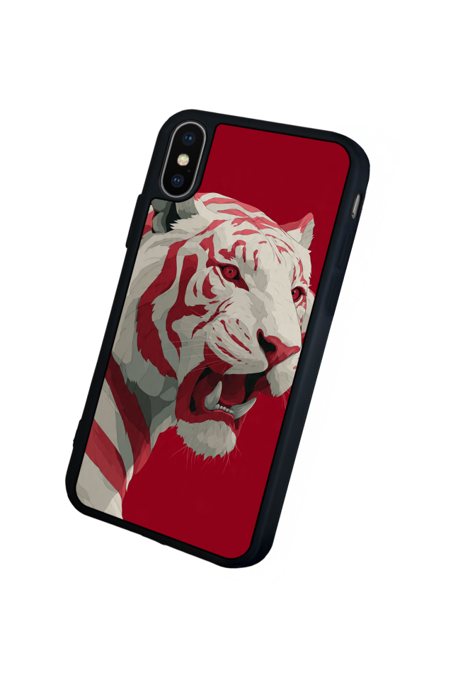 iPhone X/ XS Uyumlu Kirmizi ve Kaplan Tasarımlı Glossy Premium Kılıf
