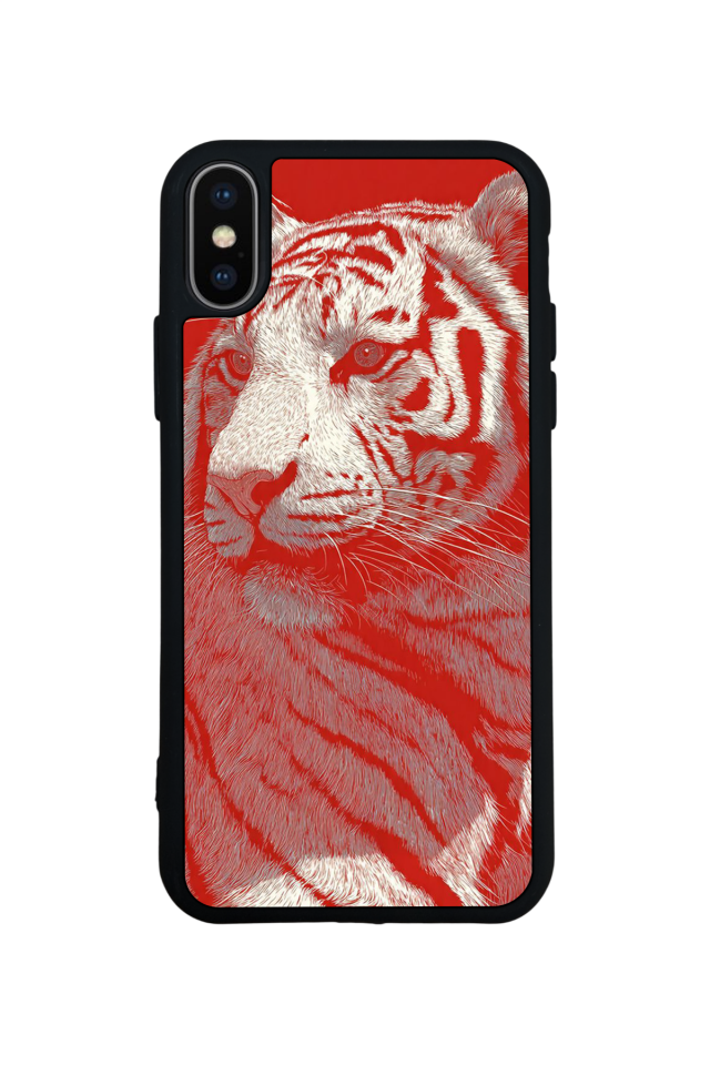 iPhone X/ XS Uyumlu Kirmizi ve Kaplan Tasarımlı Glossy Premium Kılıf