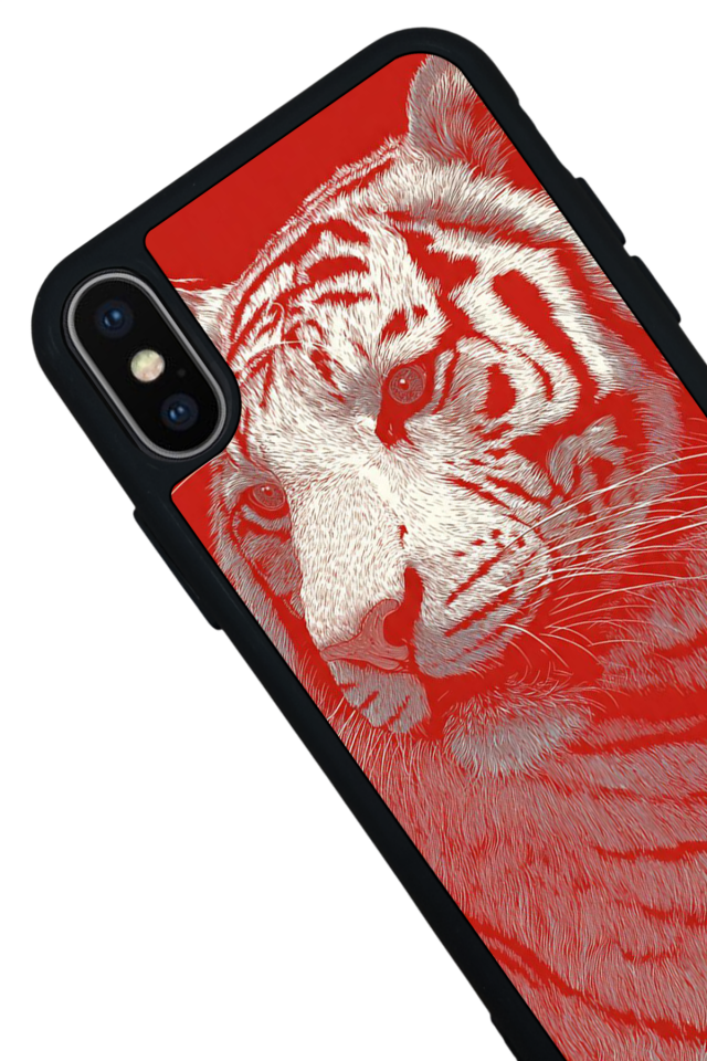 iPhone X/ XS Uyumlu Kirmizi ve Kaplan Tasarımlı Glossy Premium Kılıf
