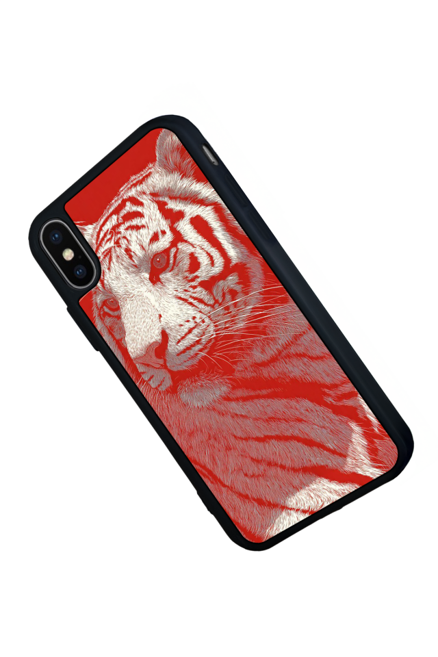 iPhone X/ XS Uyumlu Kirmizi ve Kaplan Tasarımlı Glossy Premium Kılıf