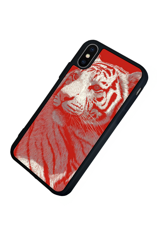 iPhone X/ XS Uyumlu Kirmizi ve Kaplan Tasarımlı Glossy Premium Kılıf