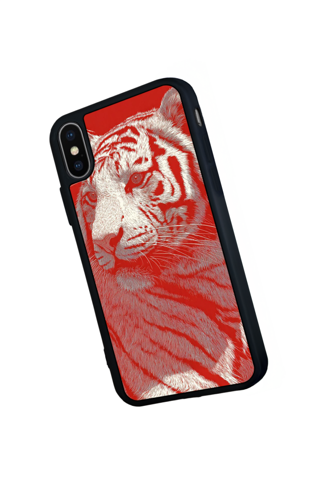 iPhone X/ XS Uyumlu Kirmizi ve Kaplan Tasarımlı Glossy Premium Kılıf
