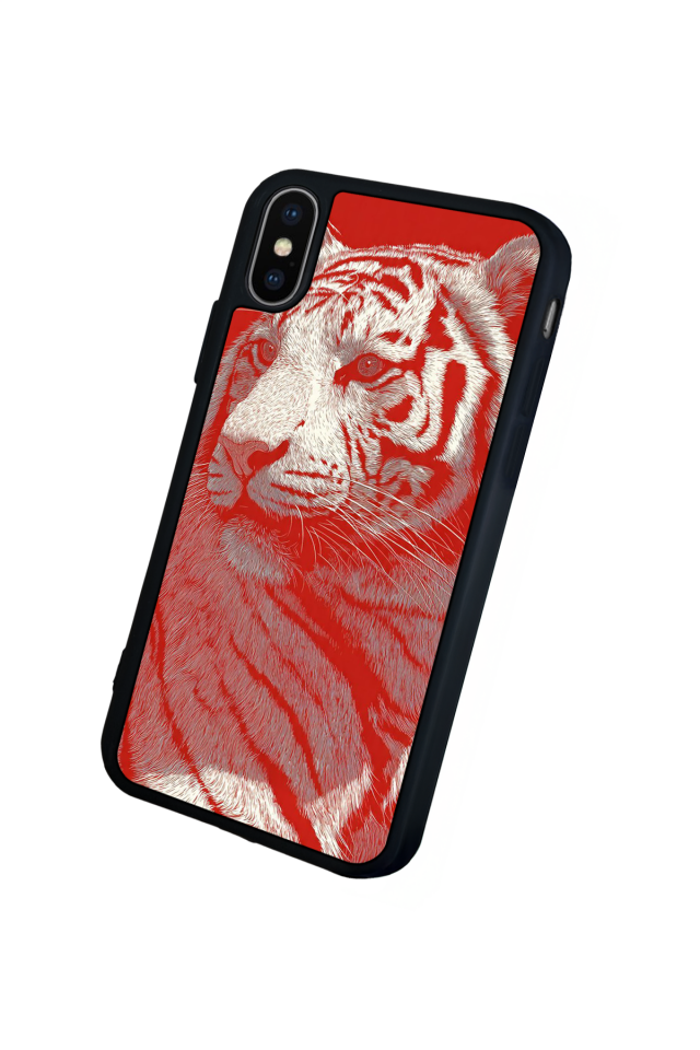 iPhone X/ XS Uyumlu Kirmizi ve Kaplan Tasarımlı Glossy Premium Kılıf