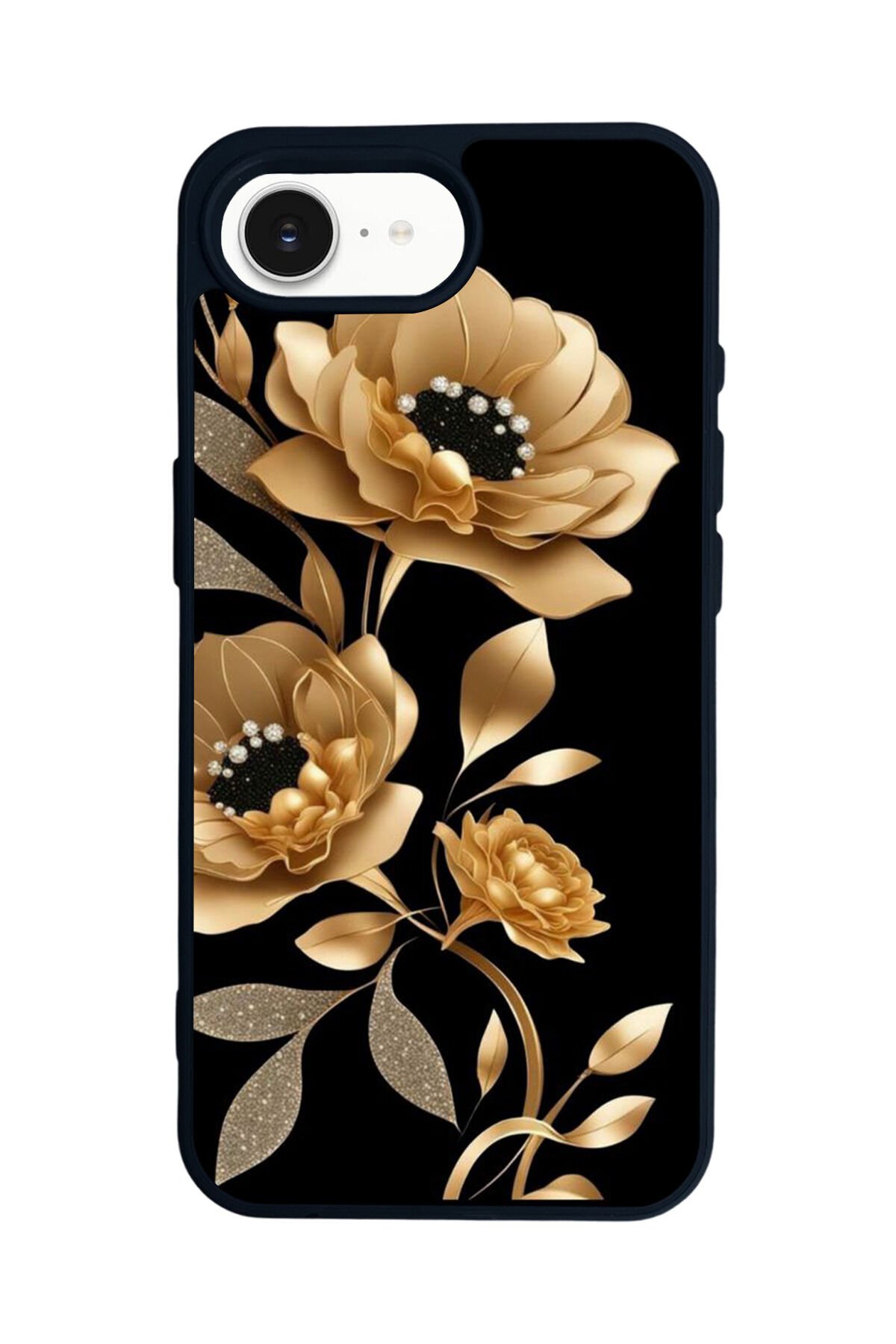 iPhone 16E Uyumlu Yaldizli Cicek Tasarımlı Glossy Premium Kılıf