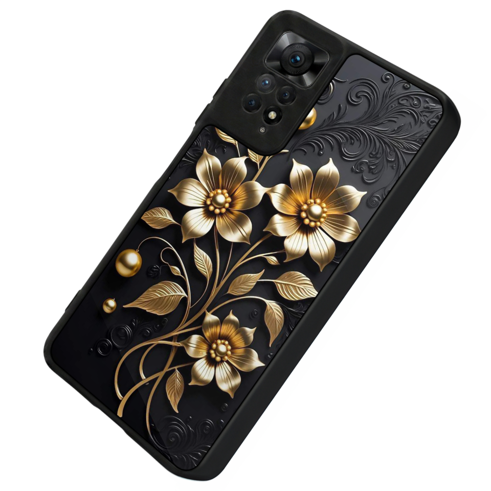 Xiaomi Redmi Note 11 Pro Uyumlu Yaldizli Cicek Tasarımlı Glossy Premium Kılıf