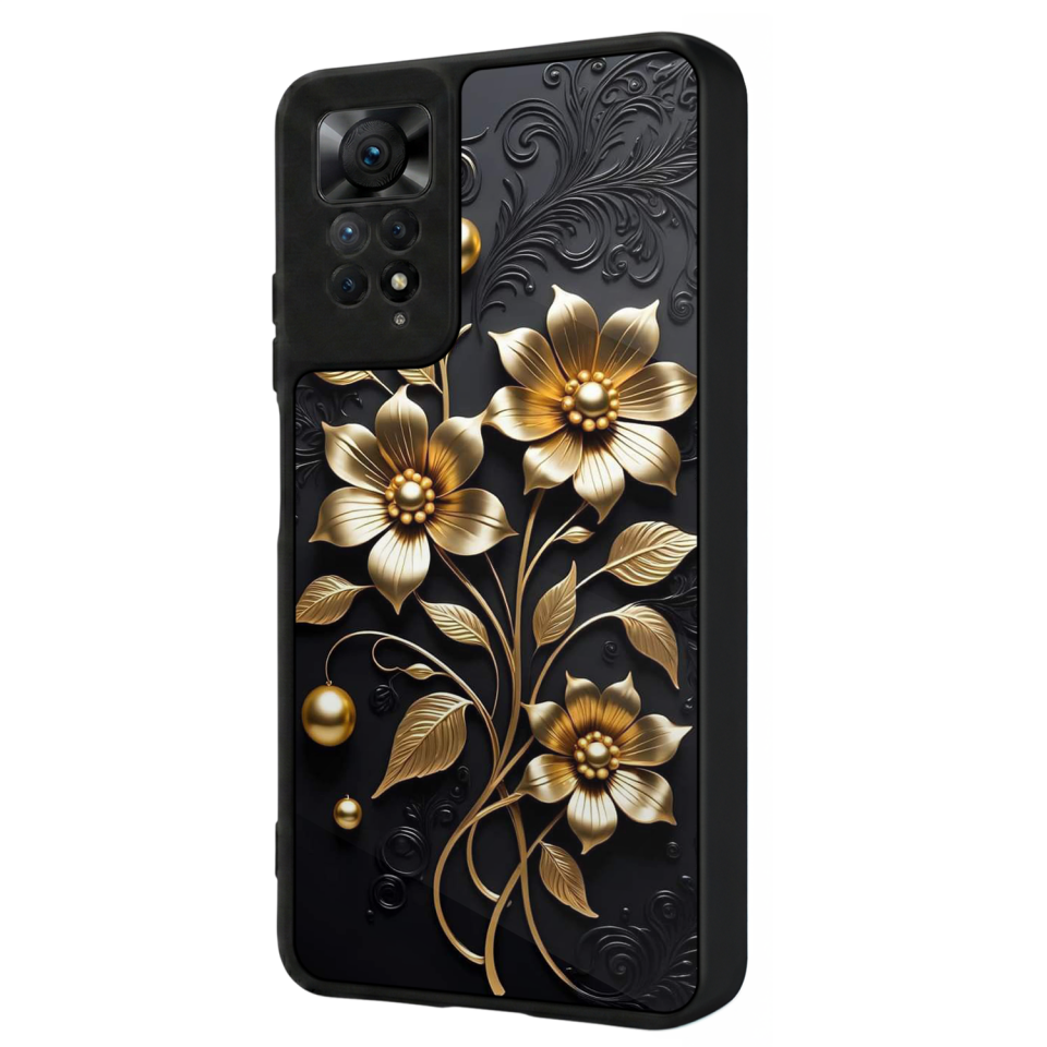 Xiaomi Redmi Note 11 Pro Uyumlu Yaldizli Cicek Tasarımlı Glossy Premium Kılıf