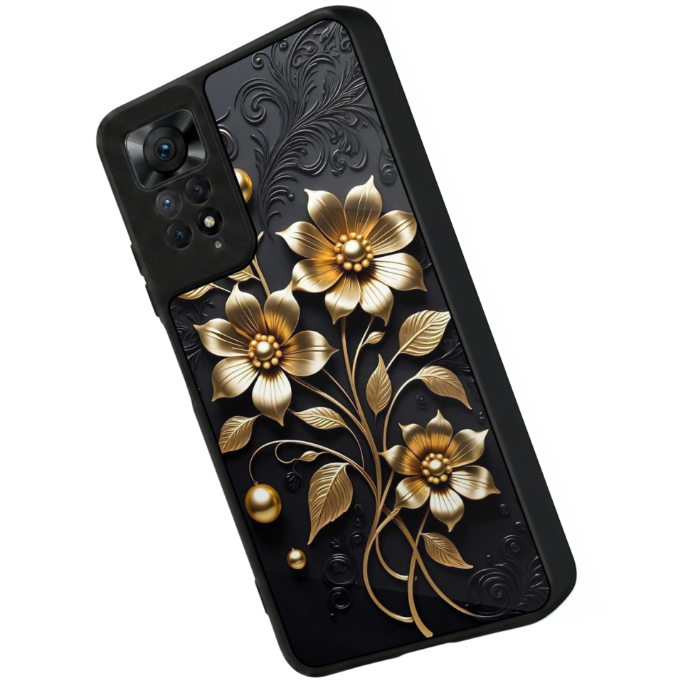 Xiaomi Redmi Note 11 Pro Uyumlu Yaldizli Cicek Tasarımlı Glossy Premium Kılıf